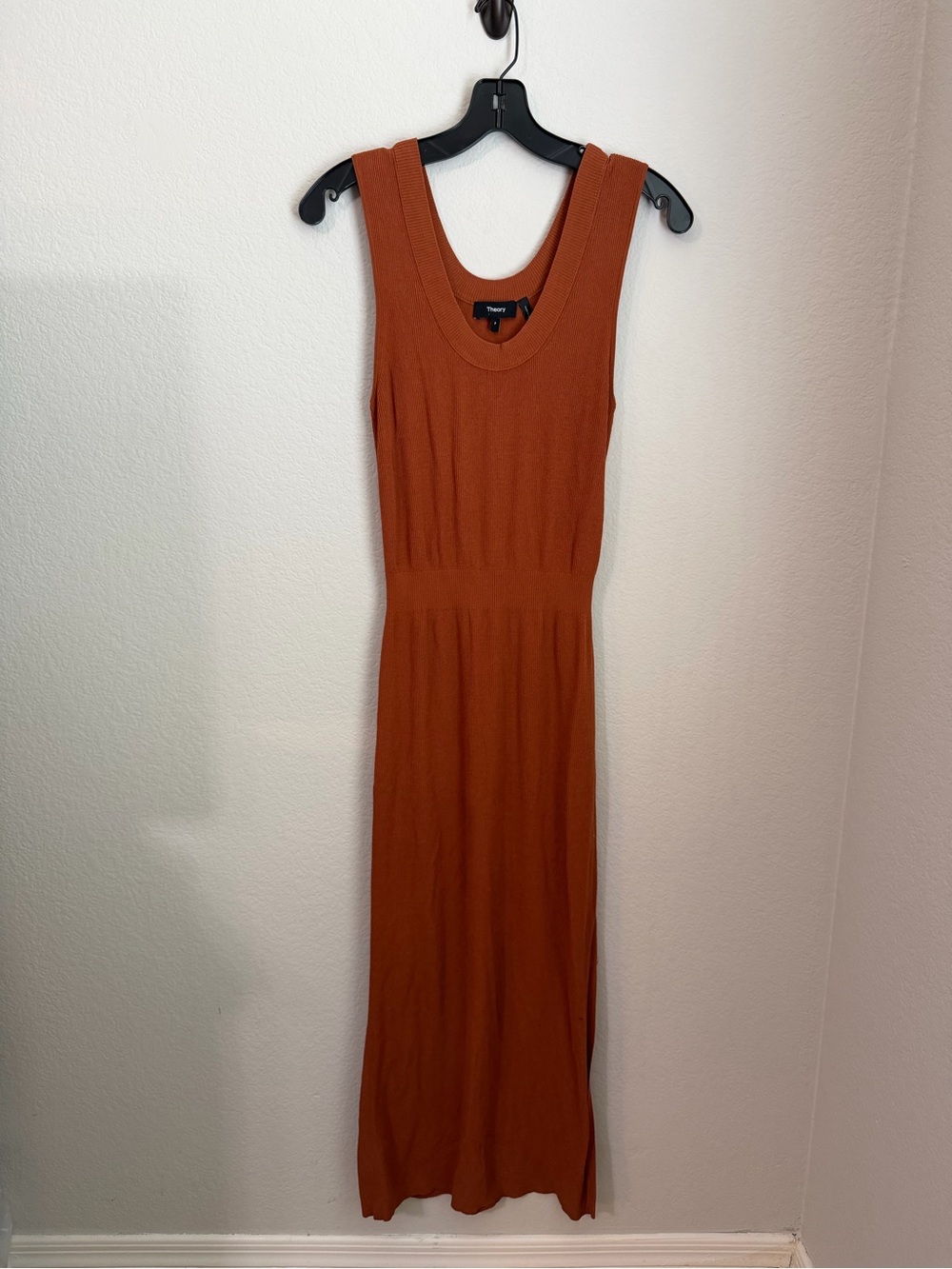 Theory Burnt Orange Ribbed Knit Midi Dress